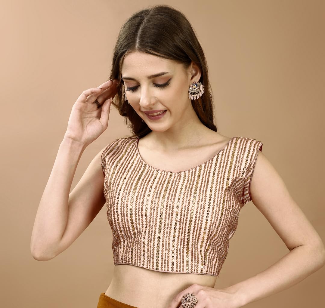 Pujia Mills WomenS Sequin Embroidered U Neck Sleeveless Readymade Saree Blouse Indian Ethnic Designer Stitched WomenS Cream Bl