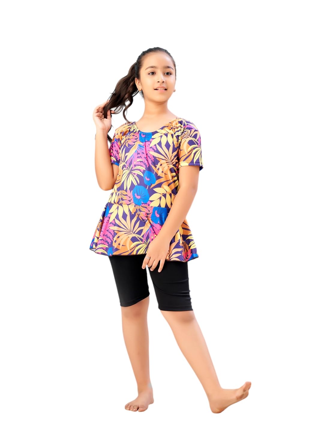 Aarika Girls Sports Wear Yellow-Black Colour Floral Print Nylon Swim Suit (5-15 Years)-(SW-SHM-CA-1111)