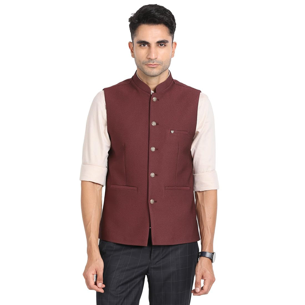 Turtle Men Terry Rayon Dobby Print Slim Fit Maroon Nehru Jacket