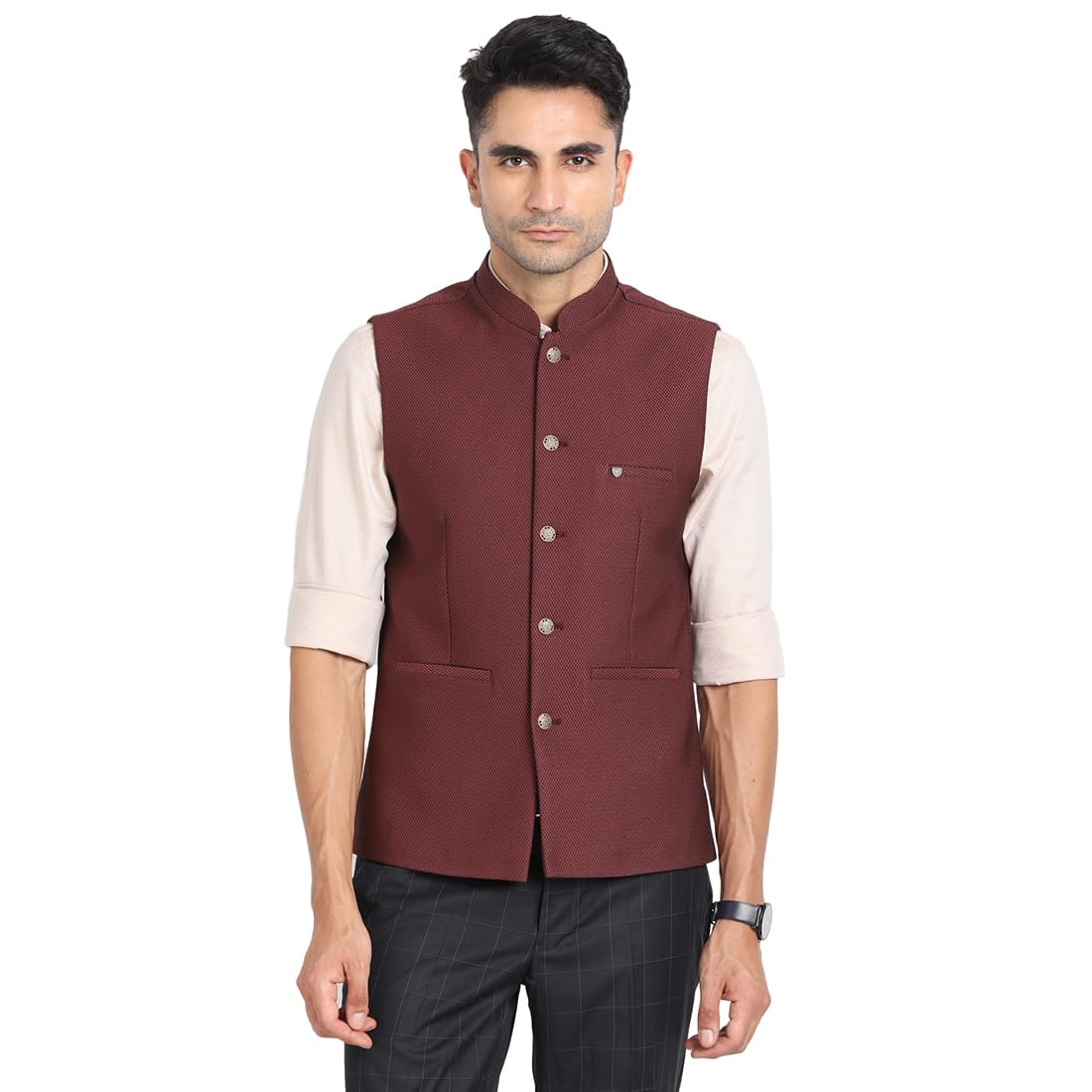 Turtle Men Terry Rayon Dobby Print Slim Fit Maroon Nehru Jacket