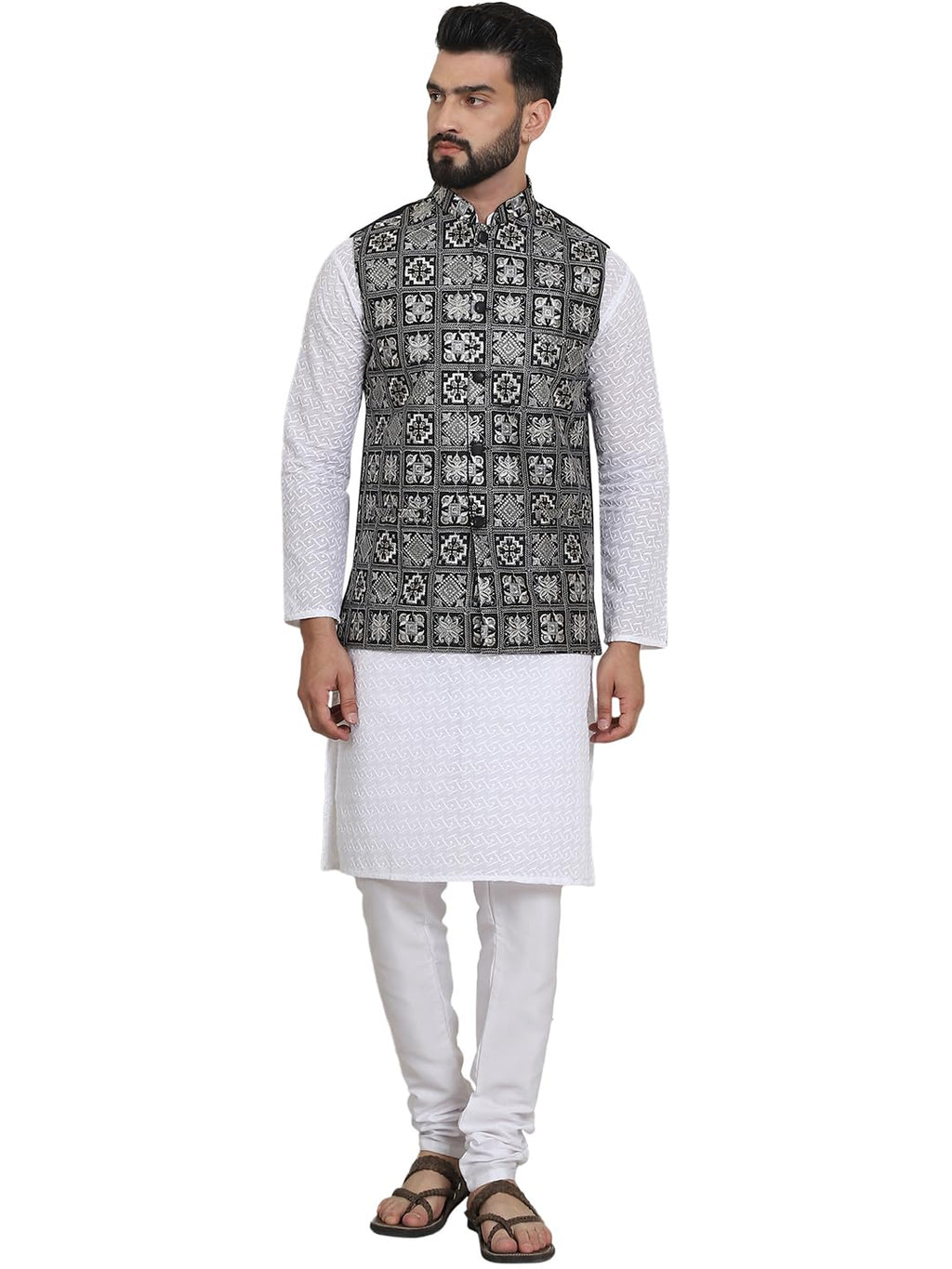 SOJANYA (Since 1958 Mens Cotton Chikankari White Kurta and White Pyjama with Embroidered Black Nehru Jacket