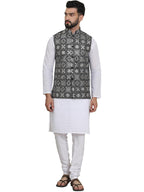 SOJANYA (Since 1958 Mens Cotton Chikankari White Kurta and White Pyjama with Embroidered Black Nehru Jacket
