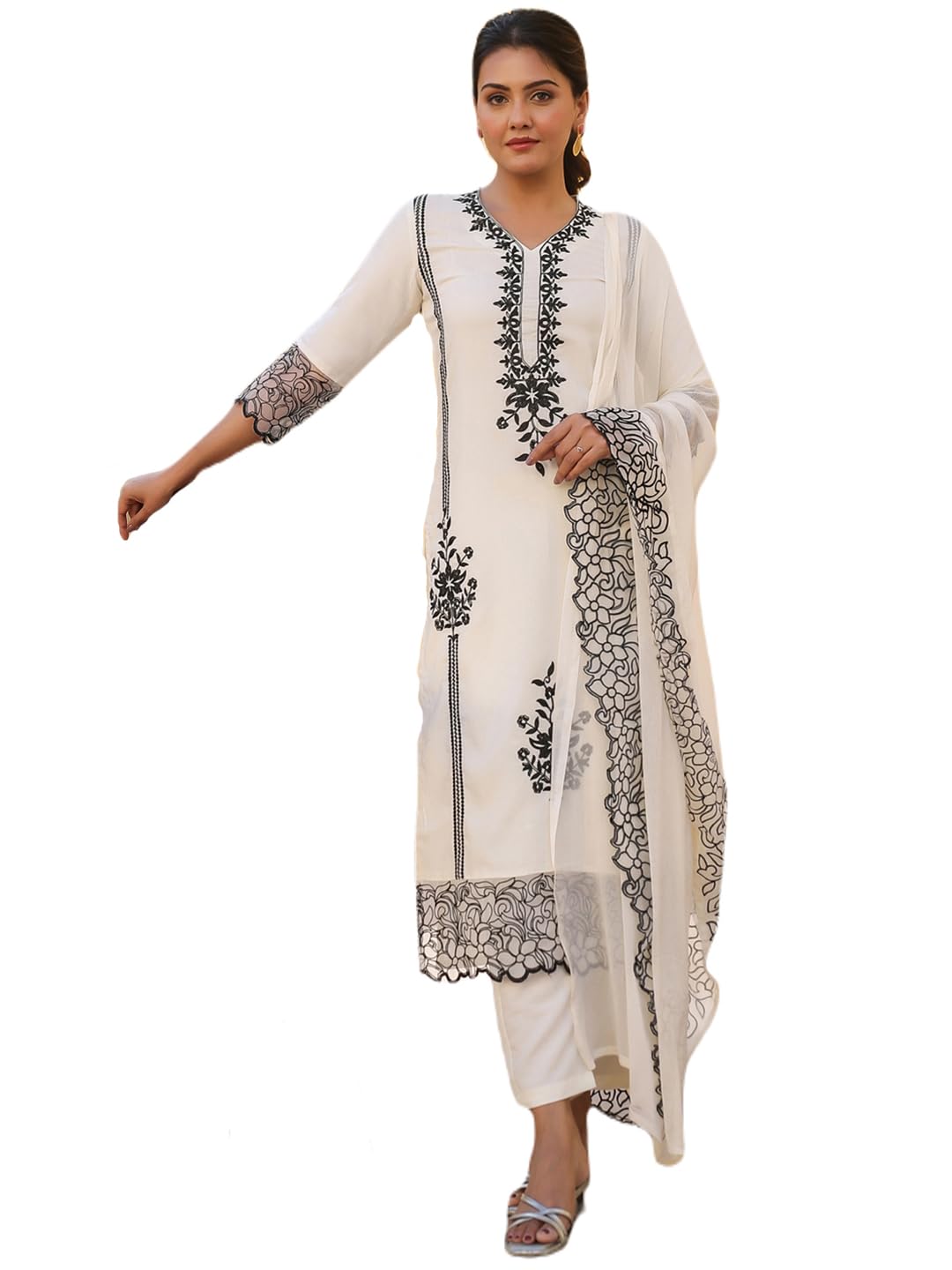 ANNI DESIGNER Womens Rayon Blend Embroidered Straight Kurta with Pant & Dupatta (TRP-Off-White-NBH_5XL_White_XXXXX-Large)