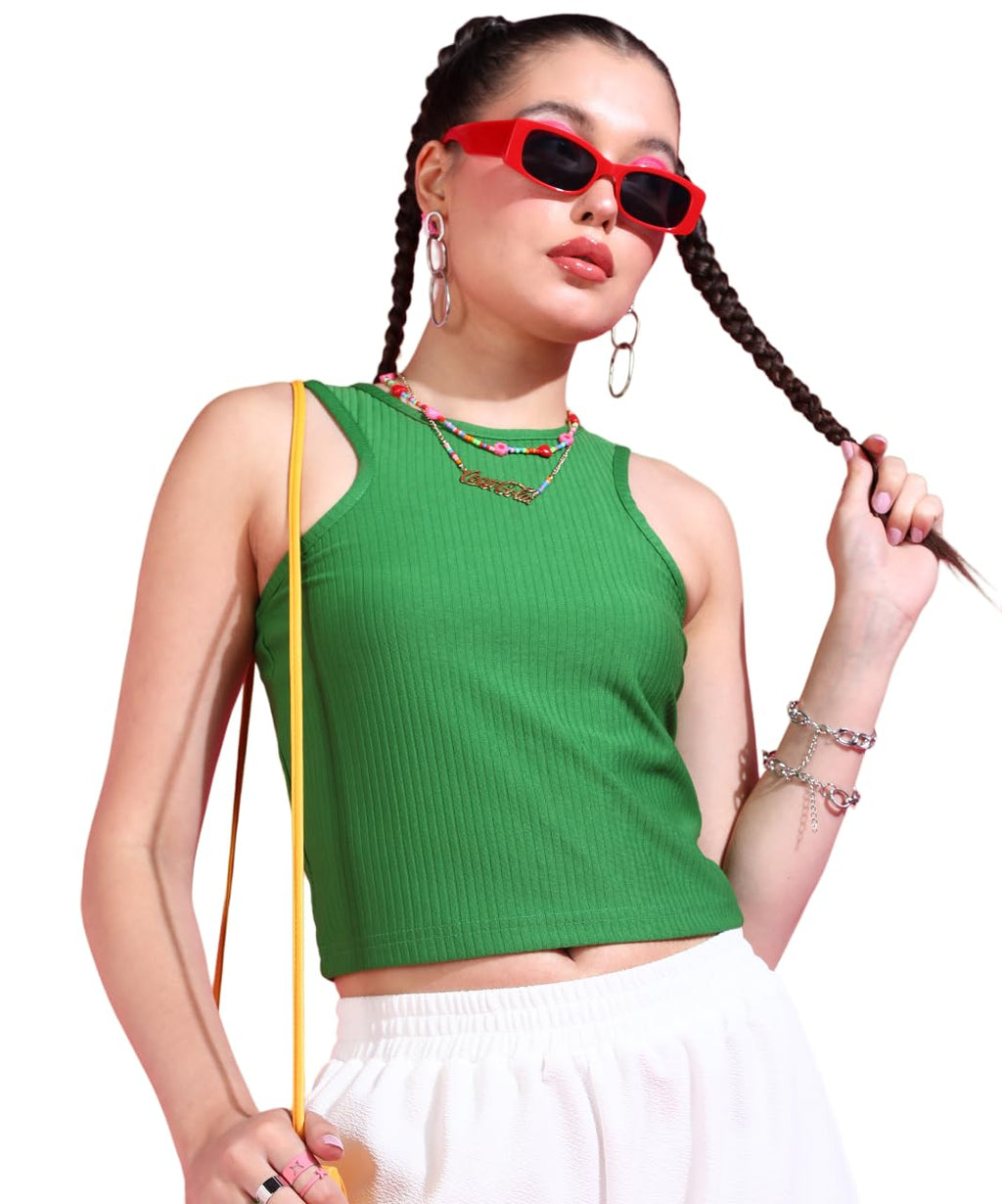 POPWINGS Women Casual Green Rib Tank Crop Top Tops for Women | Stylish Tops for Women | Trendy Tops Women