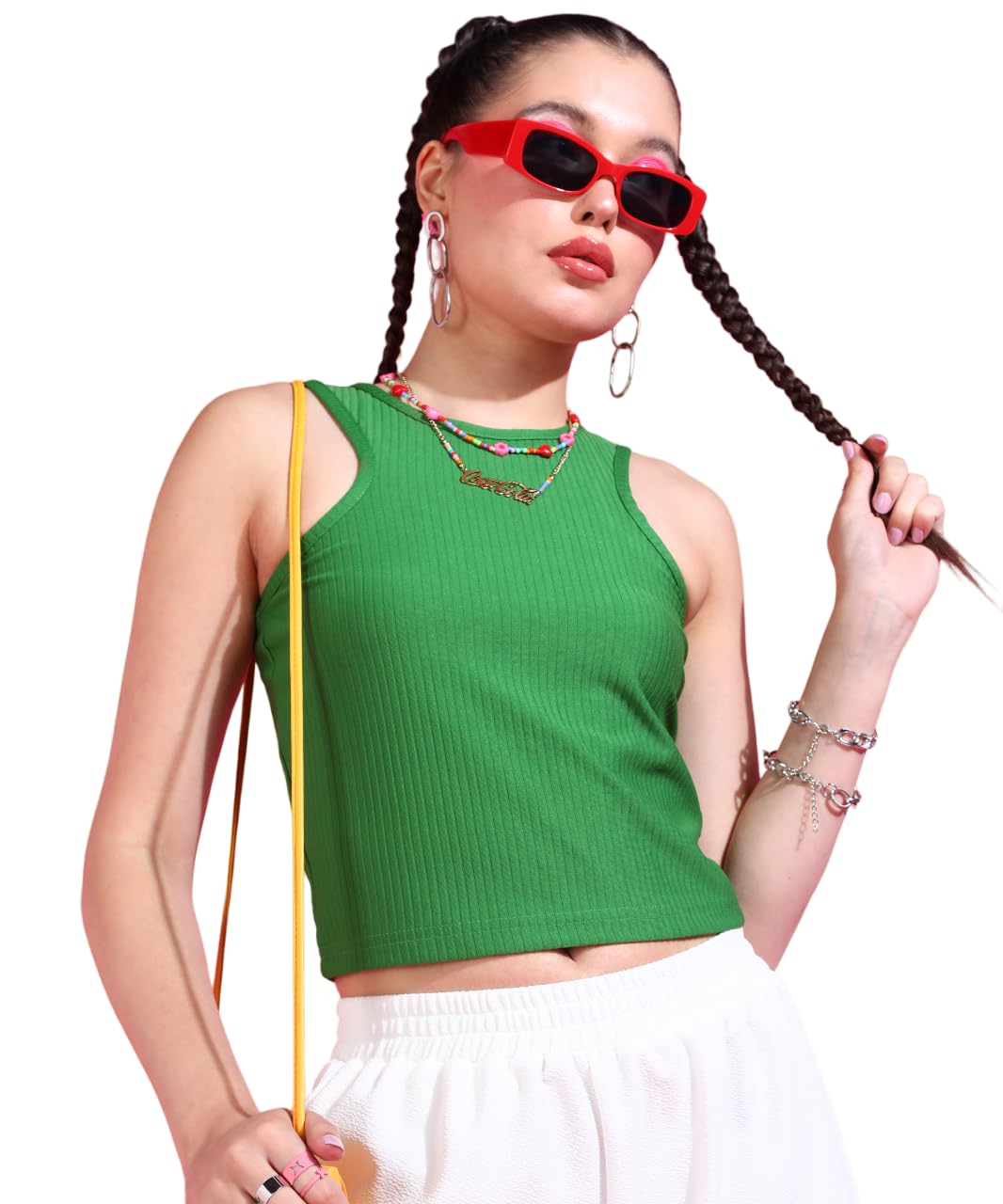 POPWINGS Women Casual Green Rib Tank Crop Top Tops for Women | Stylish Tops for Women | Trendy Tops Women