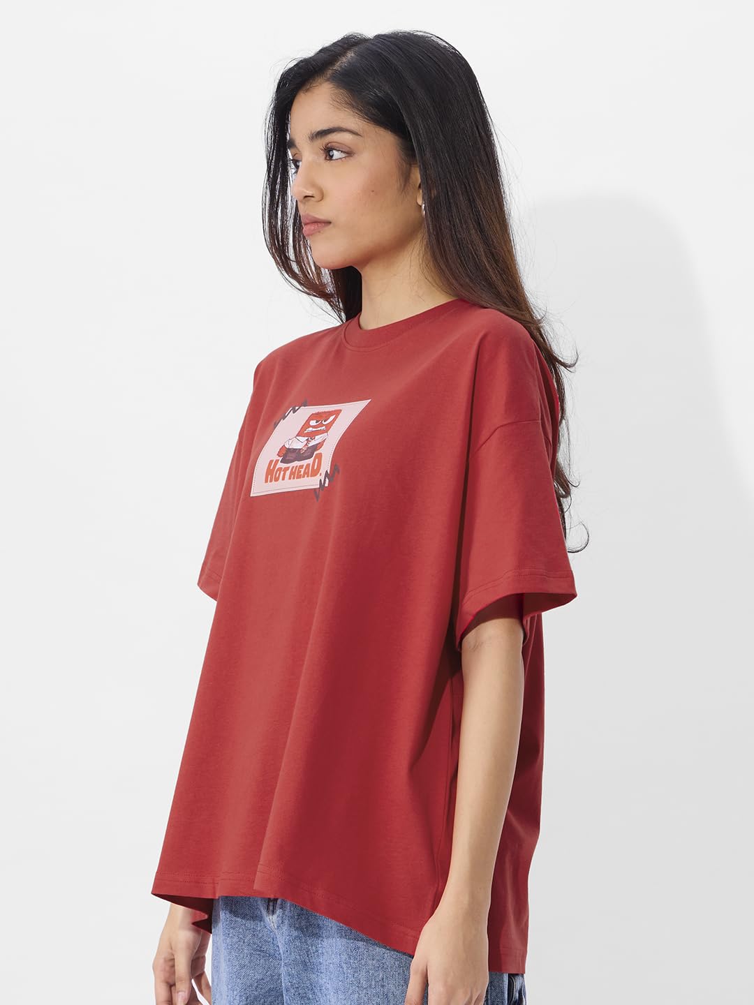 The Souled Store Official Inside Out Originals: Anger Women and Girls Short Sleeve Round Neck Black Graphic Printed Cotton Overs