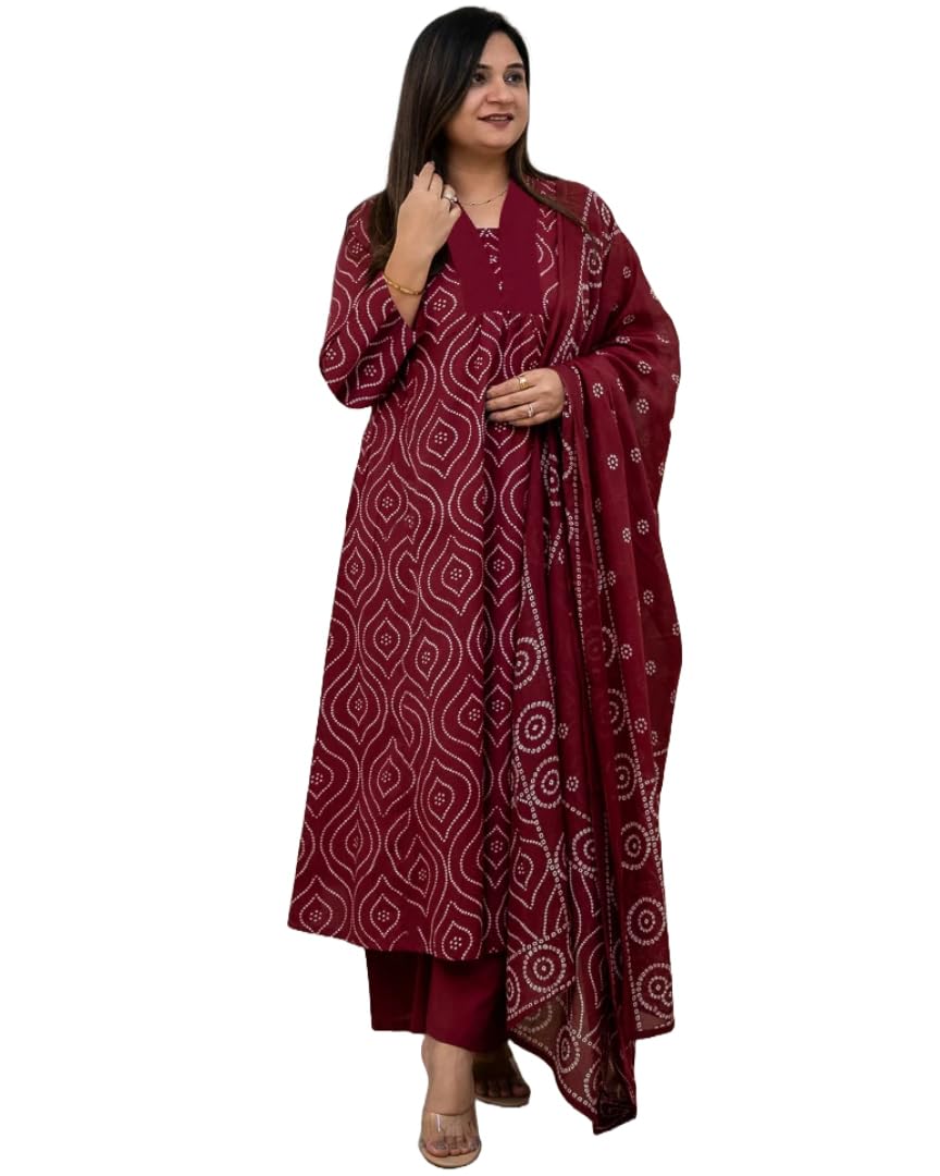 ANNI DESIGNER Womens Rayon Viscose Anarkali Printed Kurta with Pant & Dupatta (VANGALA Maroon_XXL_Maroon_XX-Large)