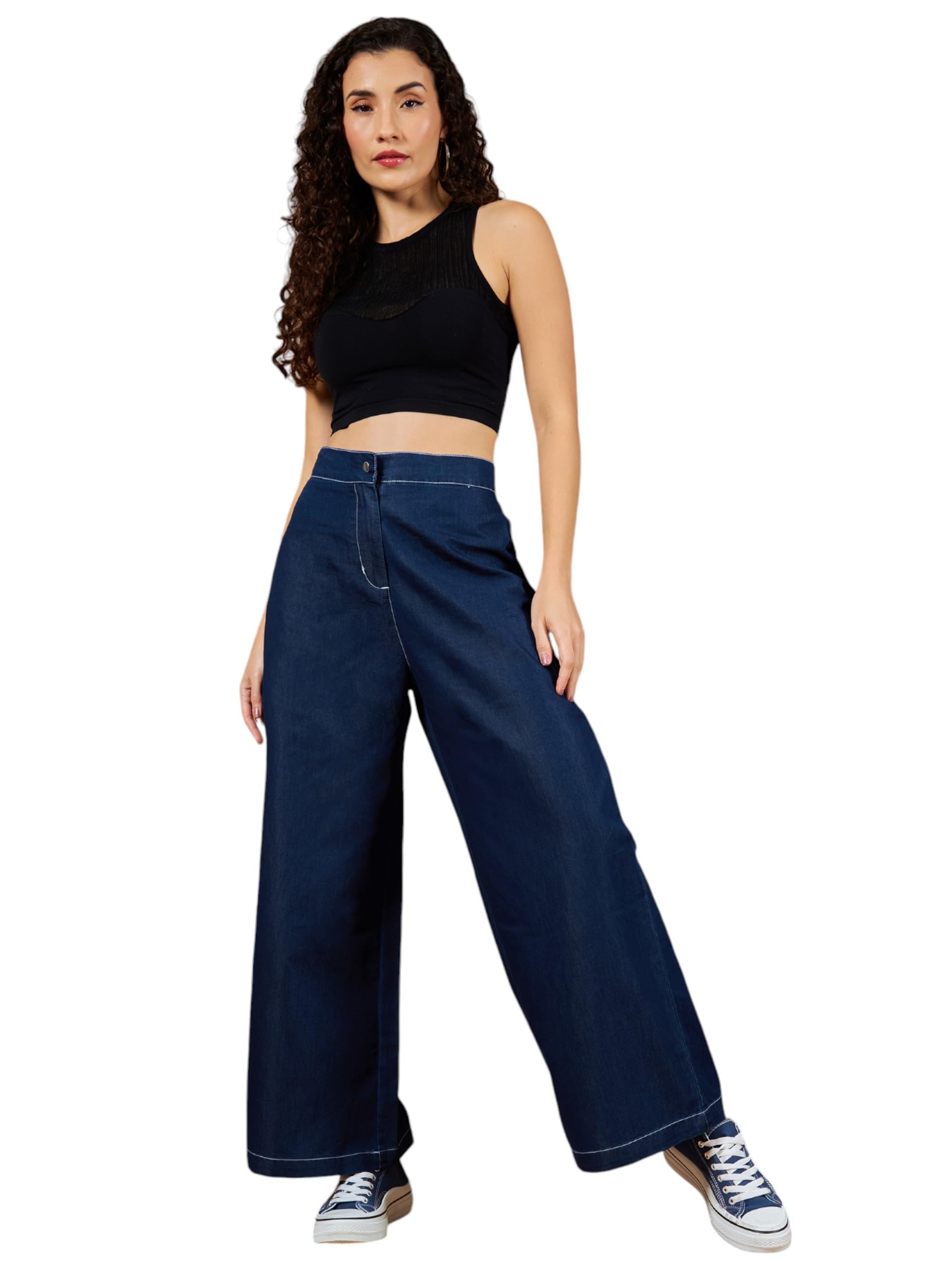 Dolce Crudo Womens Wide-Leg High Rise Regular Length Light Weight Denim Pants,(DOSS23DEN99-18-463-32, Classic Navy Blue, 32)