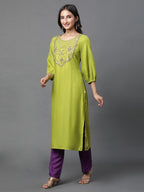 Aurelia Green Embroidered Straight Long Kurta With Zari