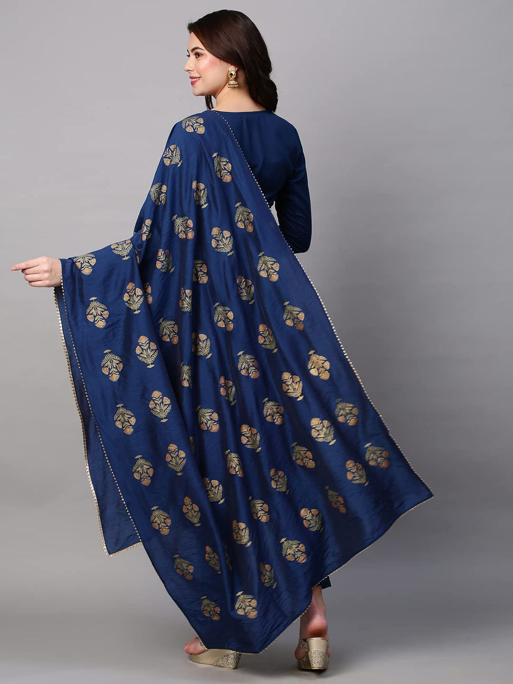 ANNI DESIGNER Womens Cotton Blend Embroidered Straight Kurta with Pant & Dupatta (MYSURU-Dark Blue_M_Dark Blue_Medium)