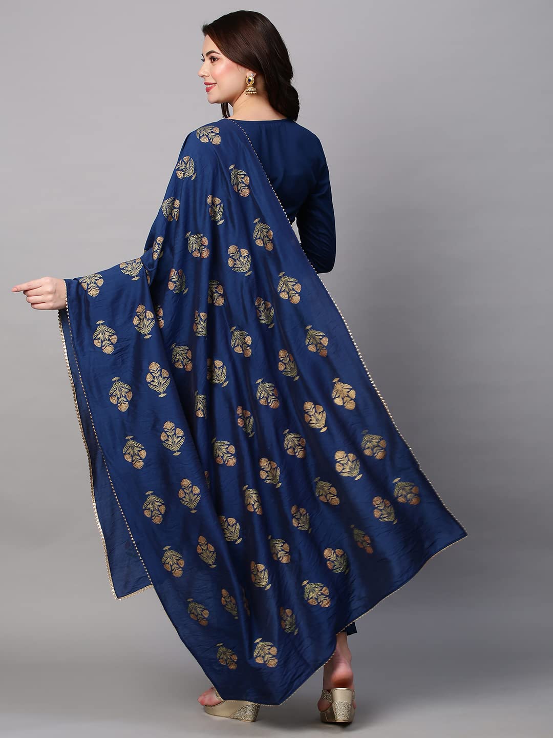 ANNI DESIGNER Womens Cotton Blend Embroidered Straight Kurta with Pant & Dupatta (MYSURU-Dark Blue_M_Dark Blue_Medium)