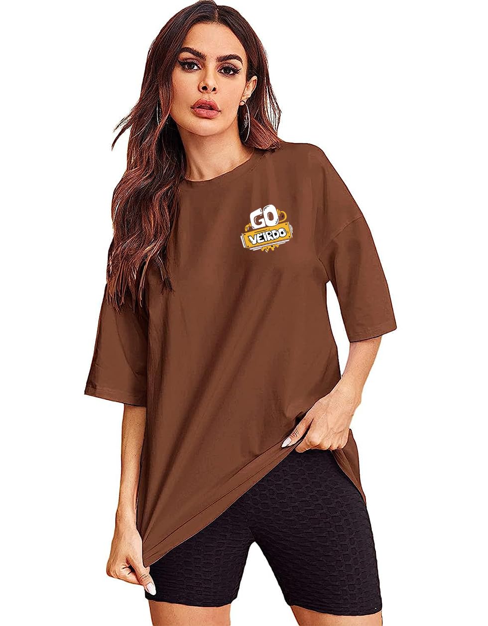 Veirdo Women's Oversize Loose Baggy Fit Drop Shoulder and Go Pocket Print Design Short Sleeve T-Shirt