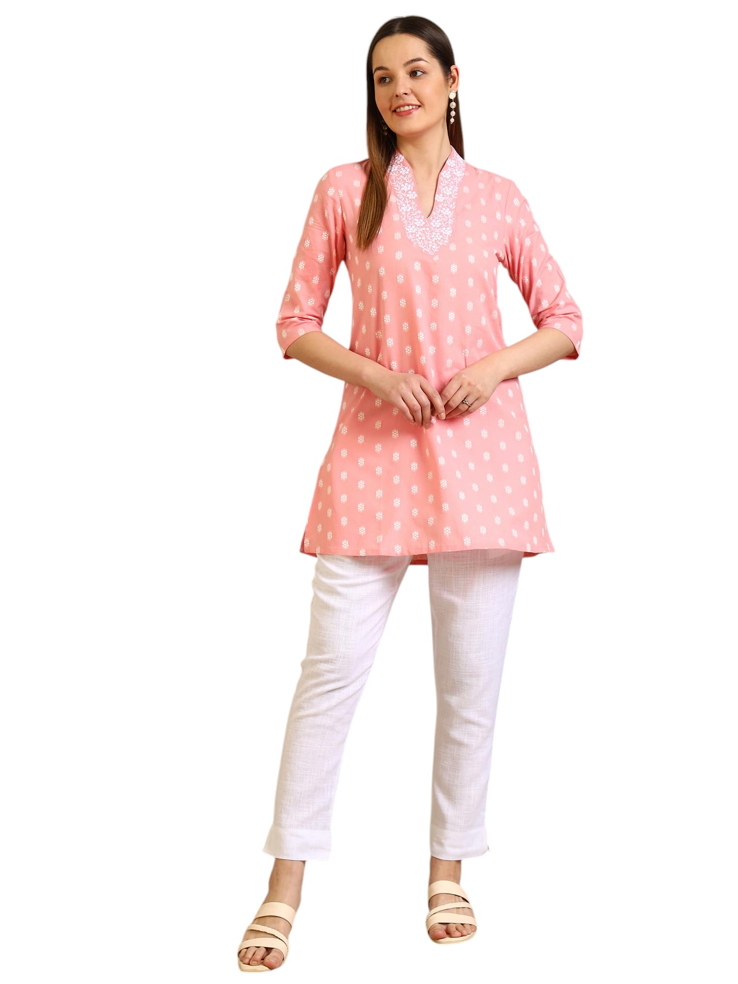 Aurelia Womens Pink Thread Embroidered Cotton Blend Straight Kurti (Size: S)-A30544-705483