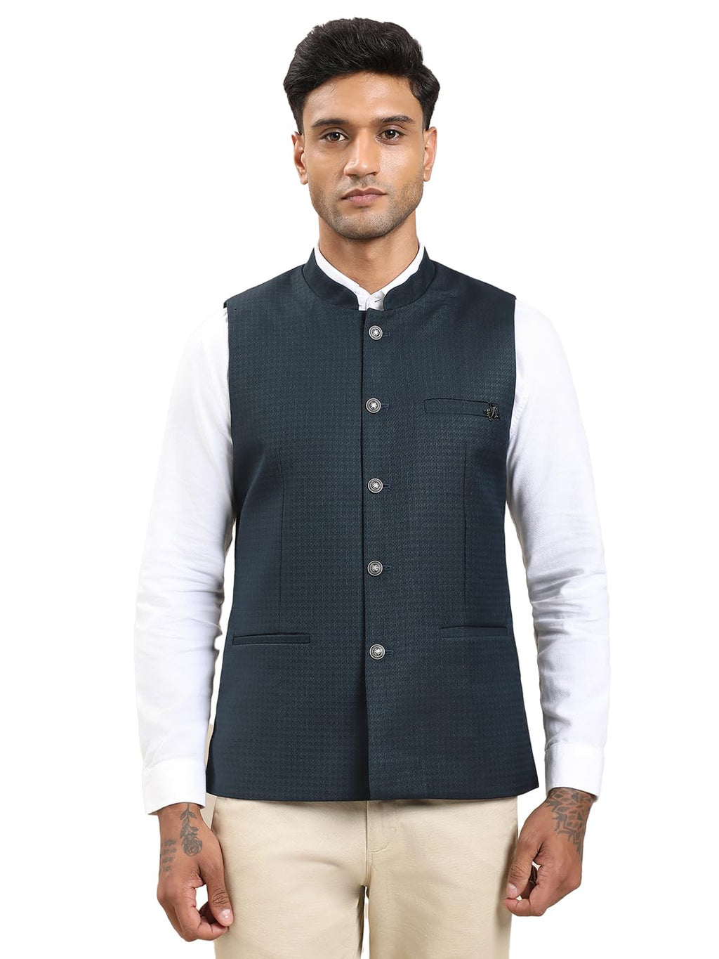 Turtle Men Polyviscose Self Design Slim Fit Blue Nehru Jacket