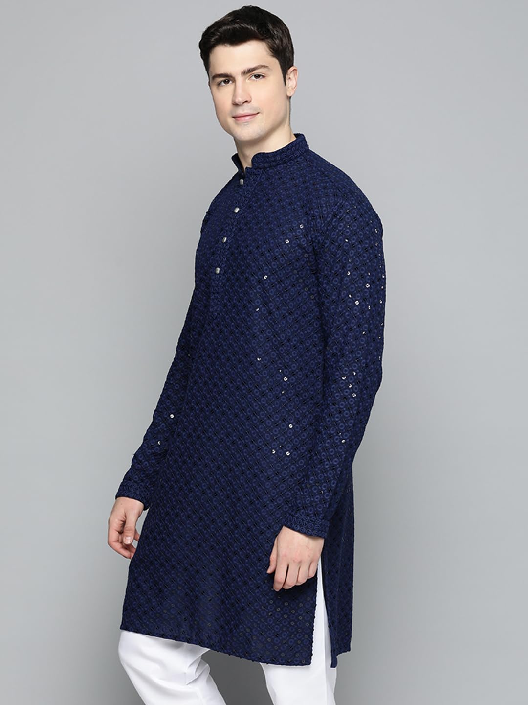Jompers Mens Navy Chikankari Embroidered And Sequence Kurtas (Navy, M)