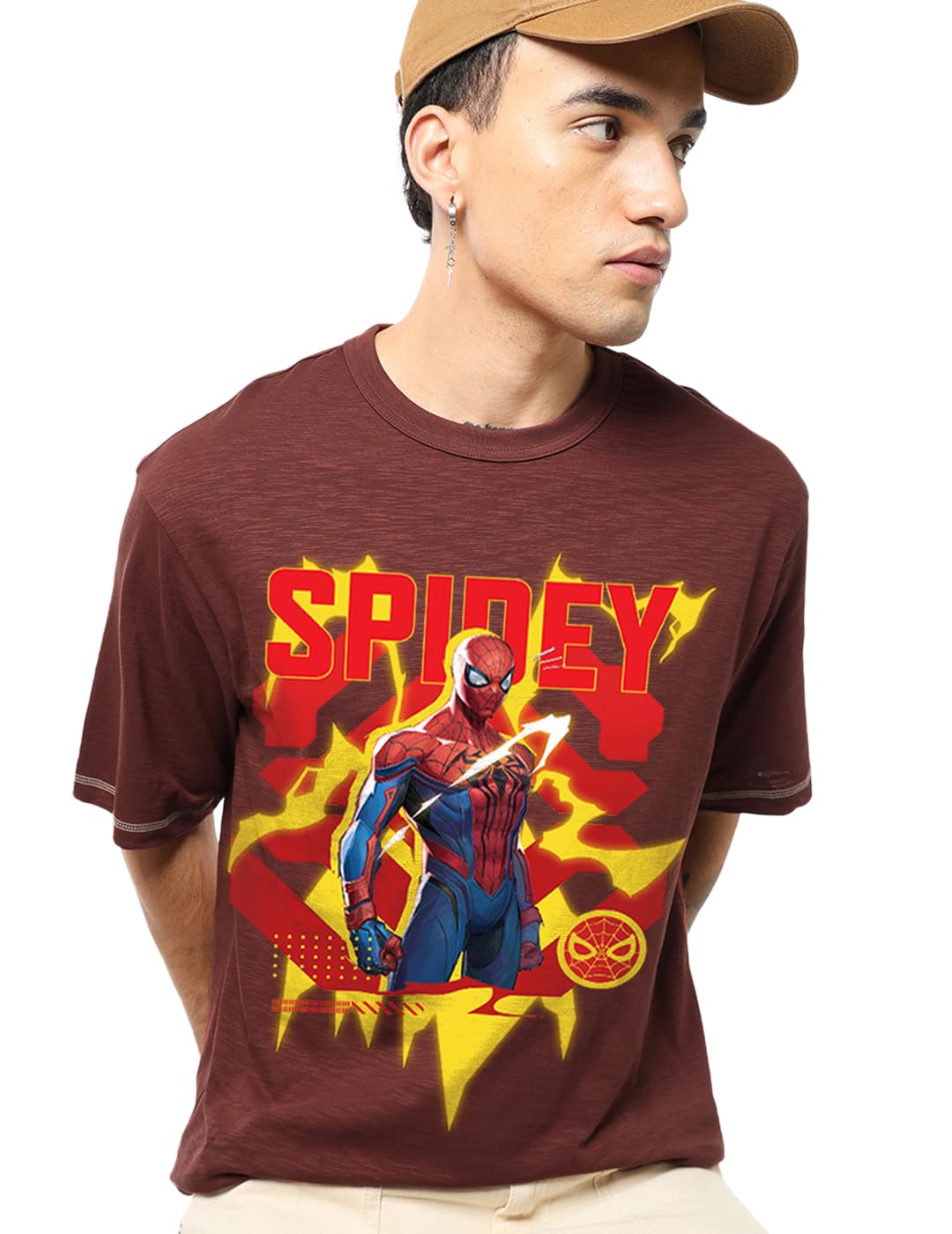 Bewakoof Air 1.0 Official Marvel Merchandise Spider-Man Mens Graphic Print Oversized Fit Half Sleeve Round Neck Cotton Slub T-S