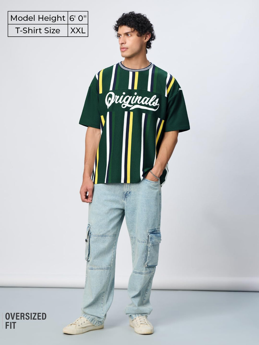 The Souled Store Stripes: Pacific Men and Boys Short Sleeves Round Neck Green Striped Cotton Oversized T-Shirts