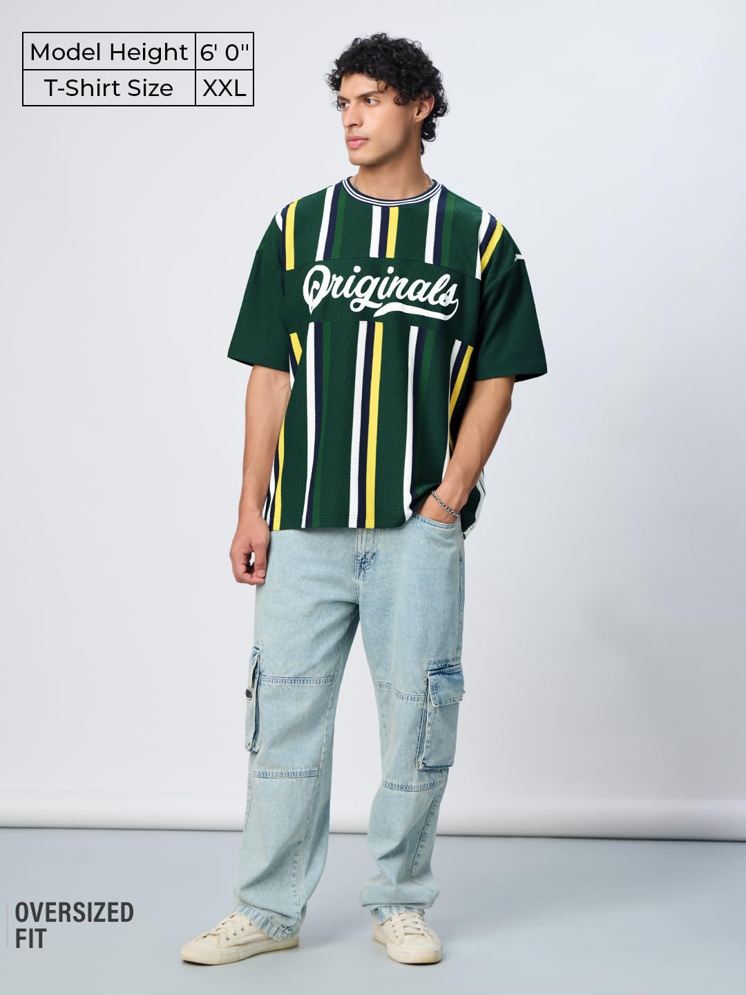 The Souled Store Stripes: Pacific Men and Boys Short Sleeves Round Neck Green Striped Cotton Oversized T-Shirts