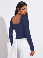 AVANOVA Womens & Girls Navy Blue Full Sleeve, Sweat Hear Neck, Frill Trim Ruched Crop Top for Women, Tops, T-Shirts for Girls