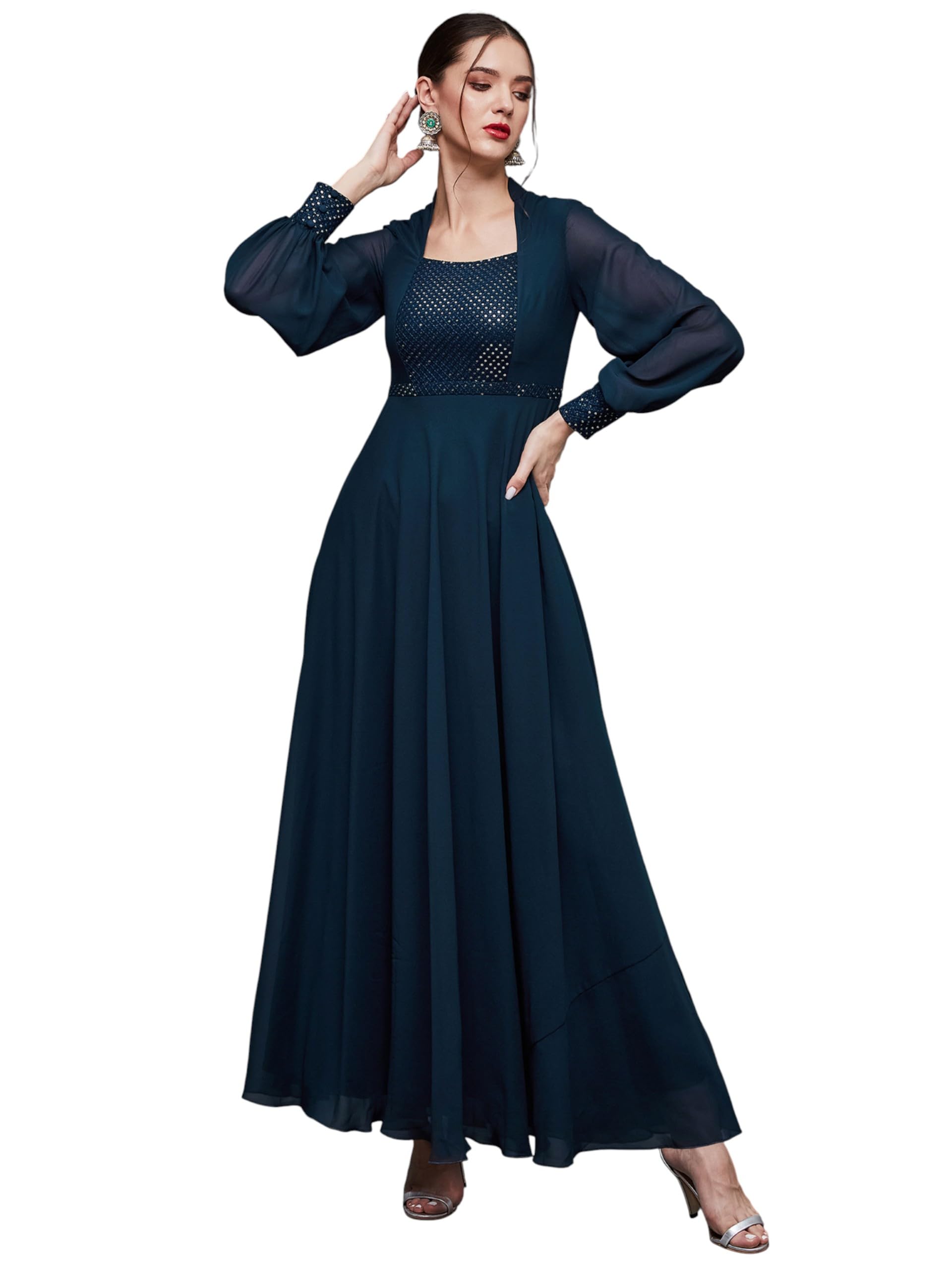 Miss Chase WomenS Mandarin-Collar Bishop Sleeve Embellished Panelled Georgette Maxi Dress (Mcaw22D99-88-Tue-07, Gulf Teal, 2Xl)