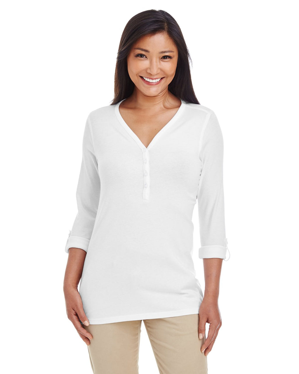 Ladies Perfect FitY-Placket convertible Sleeve Knit Top - WHITE - XS(D0102H7YE96)