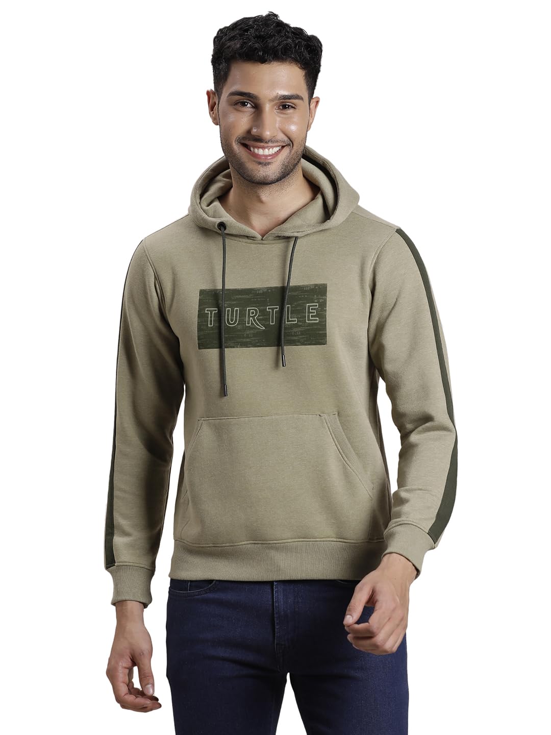 Turtle Men Light Olive Polycotton Printed Hooded Sweatshirt