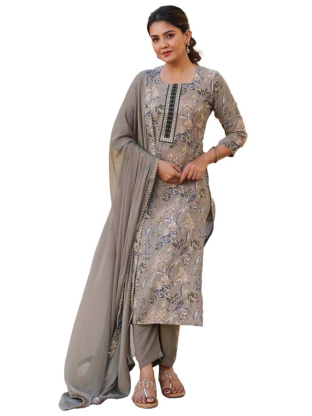 ANNI DESIGNER Womens Rayon Blend Printed Straight Kurta with Pant & Dupatta (VICE Grey-NW_XXL_Grey_XX-Large)
