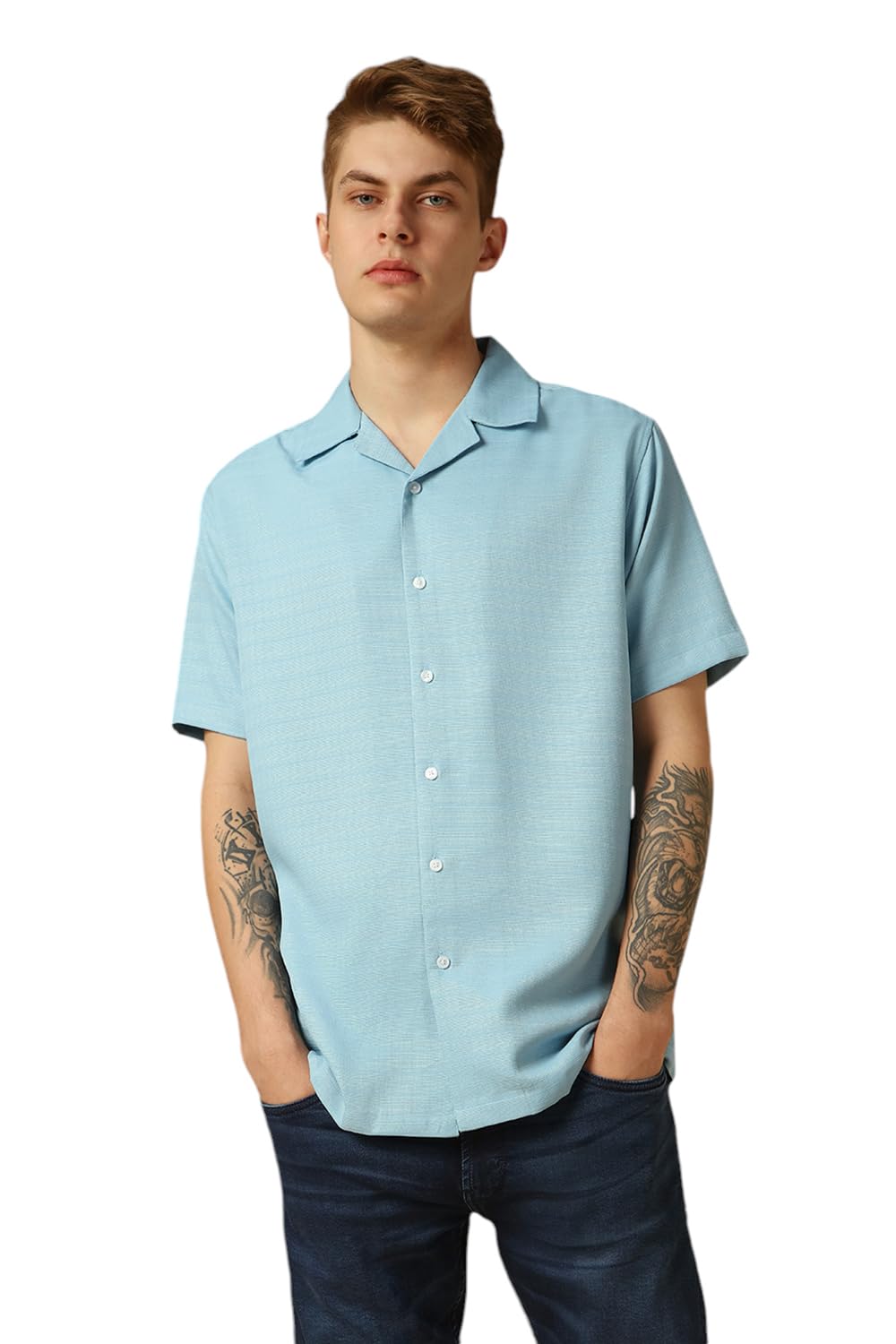 Dennis Lingo MenS Blue Half Sleeves Cuban Collar Solid Textured Relaxed Fit Casual Shirt
