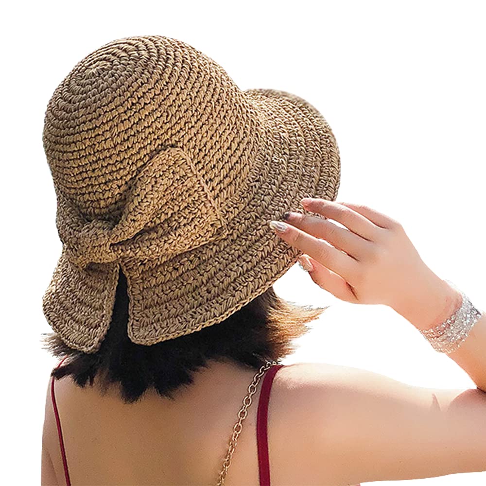Foldable Wide Brim Floppy Straw Beach Sun Hat,Summer cap with Bowknot for Women girls,Strap Adjustable (1 Pack Khaki)