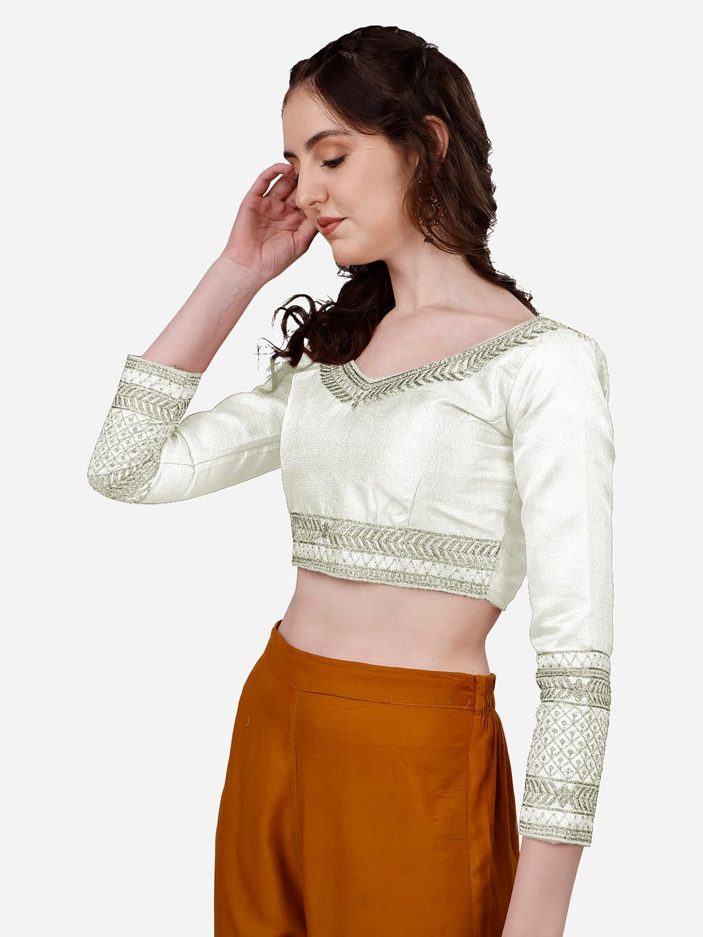 Pujia Mills Womens Milan Silk Heavy Embroidery with Sequins Worked Full Sleeve Fancy Saree Blouse White