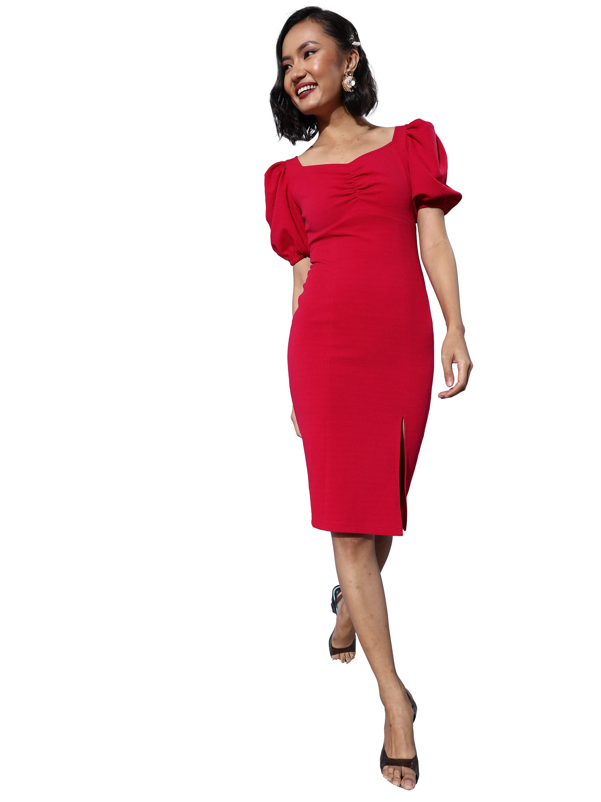 Miss Chase Womens Dark Pink Sweetheart Neck Half Sleeve Solid Bodycon Knee-Long Dress (MCSS22D13-54-23-06, Dark Pink, XL)