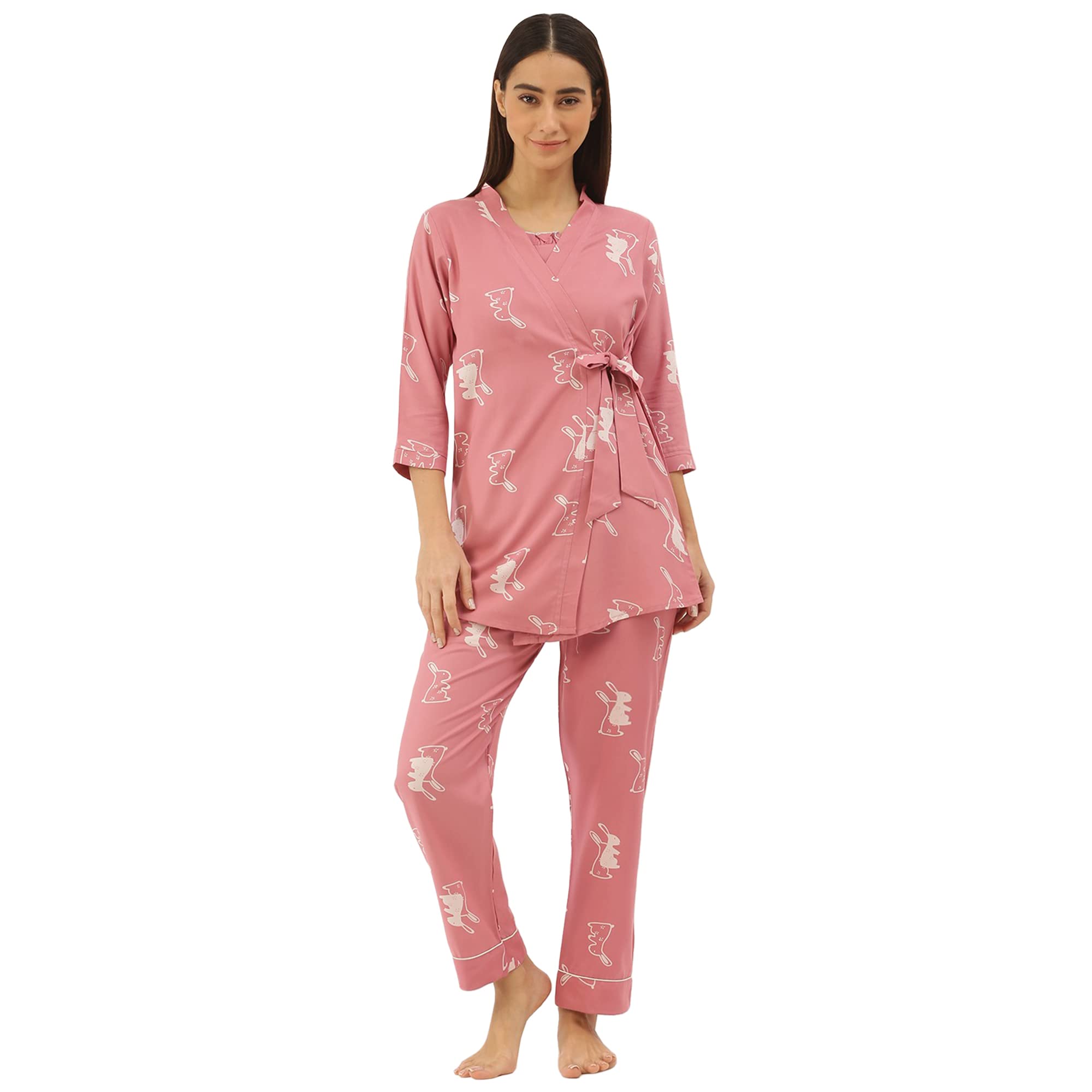 Sweet Dreams Women Printed Rayon 3 Piece Pyjama Set Pink