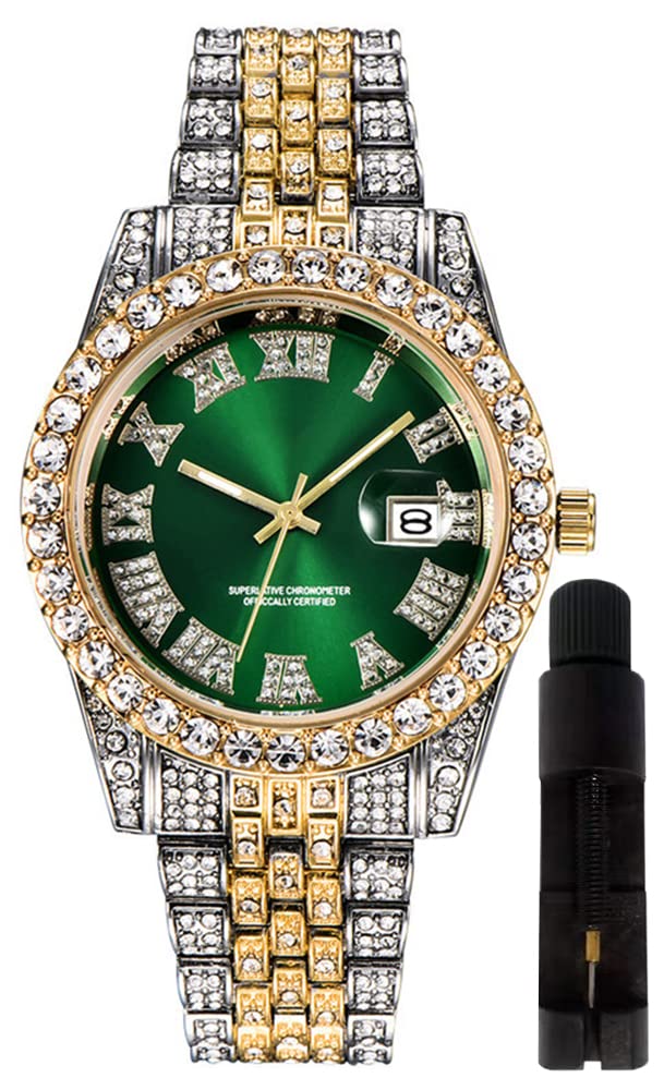 Hip Hop Watches for Men Iced-Out Bling Diamond Luxury Quartz Watches with Date (Green)