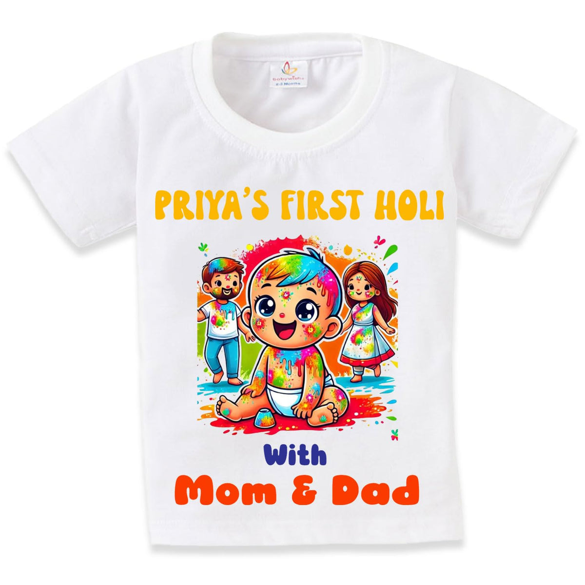 baby wish Holi Tshirt for Kids Priyas First Holi with Mom and Dad Customized Baby Name On Tshirt with Colorful Print  Customiz 18-24