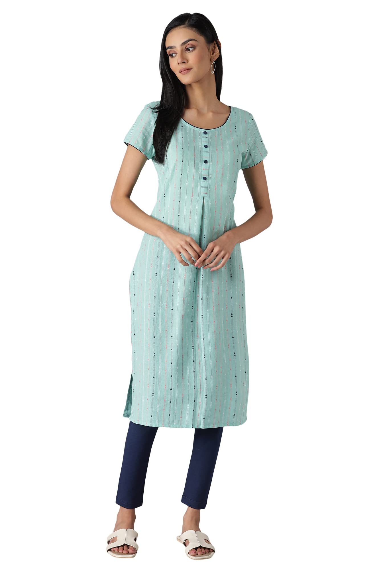 Aurelia Womens Cotton Geometric Regular Kurta (22FEA12879SS-701898_Teal Green_XS)