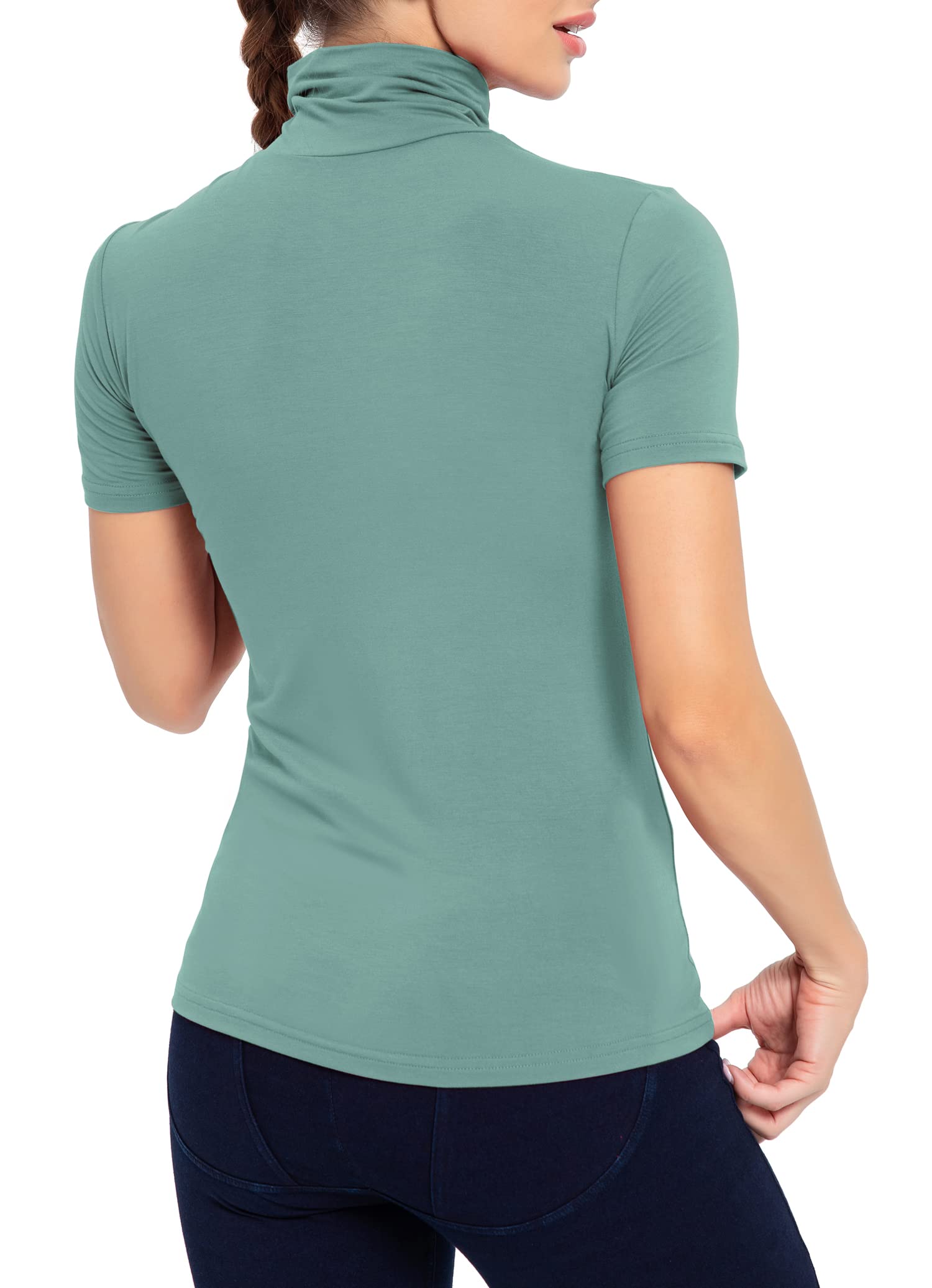 AUHEGN Short Sleeve Mock Turtleneck Stretch Slim T Shirt Layer Top Light Dusty Green Medium