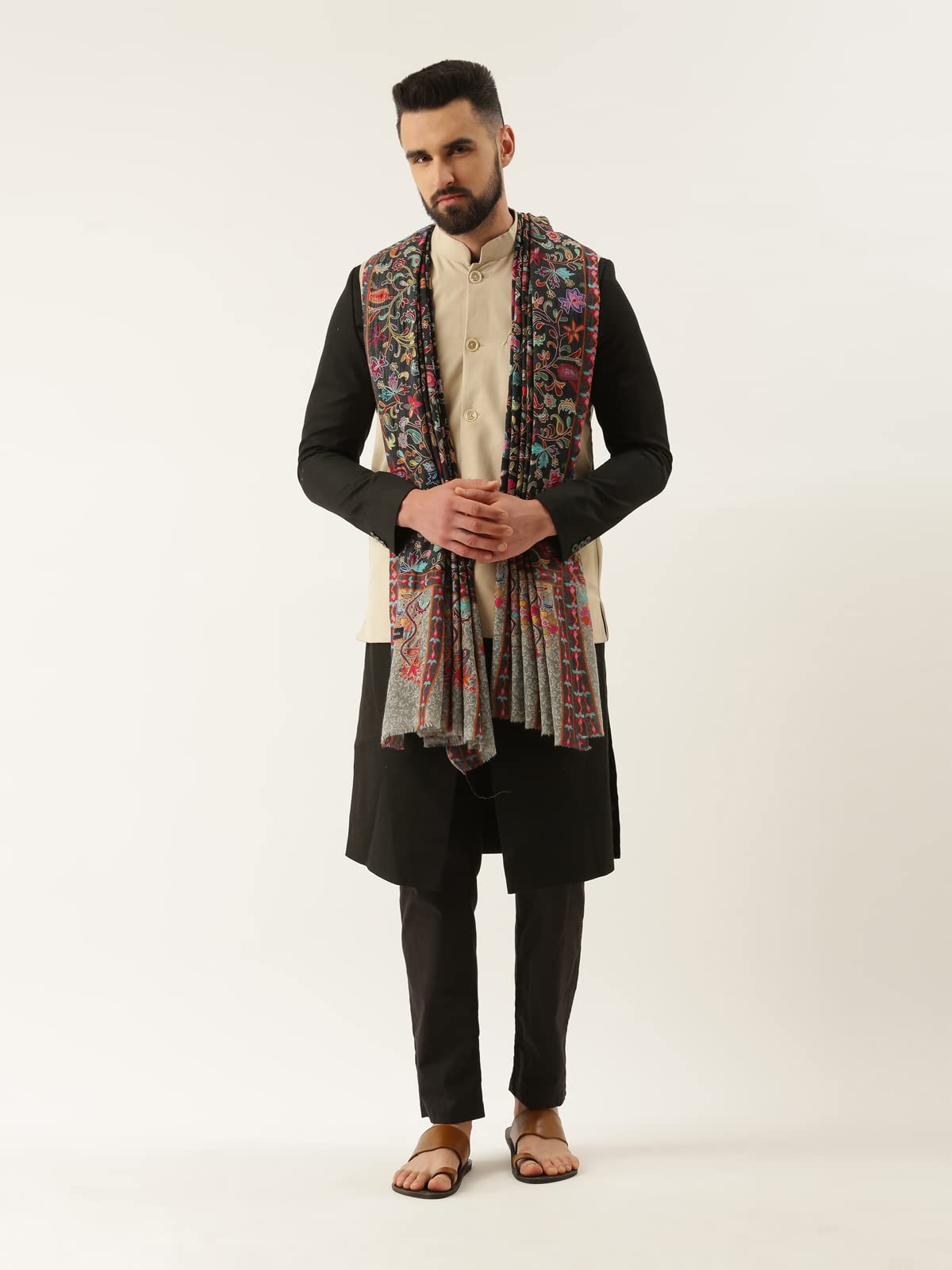 Pashmoda Men 100% Pure Wool Fabric Kalamkari Embroidered Shawl, Stole And Wrap, Sustainable And Natural Fabric, Heritage Kashmir