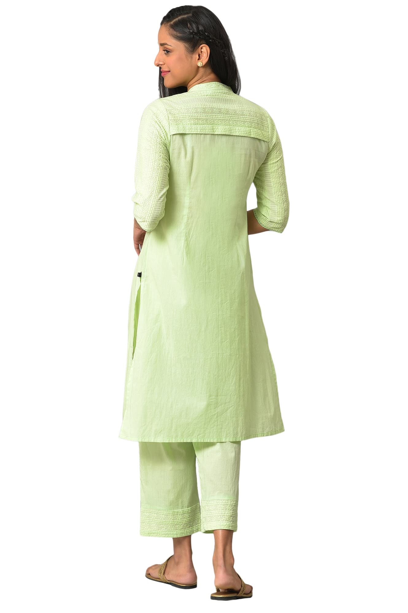 Aurelia Green Embroidered Cotton Kurta And Trousers Set For Women