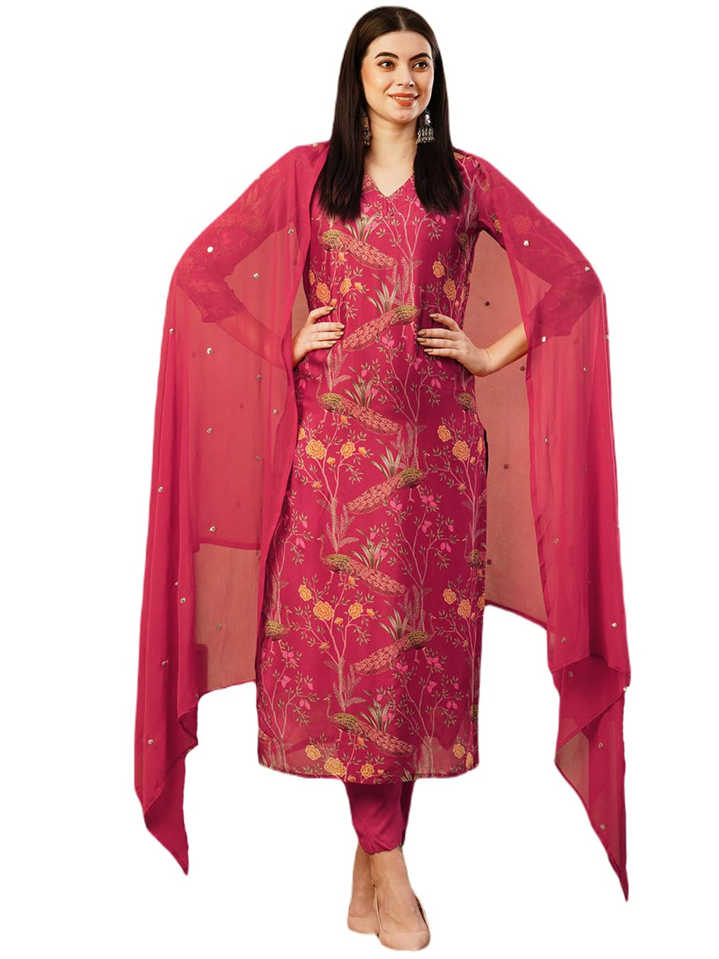 ANNI DESIGNER Womens Cotton Blend Straight Printed Kurta with Pant & Dupatta (SHOKO RED-NFB_XL_Red_X-Large)