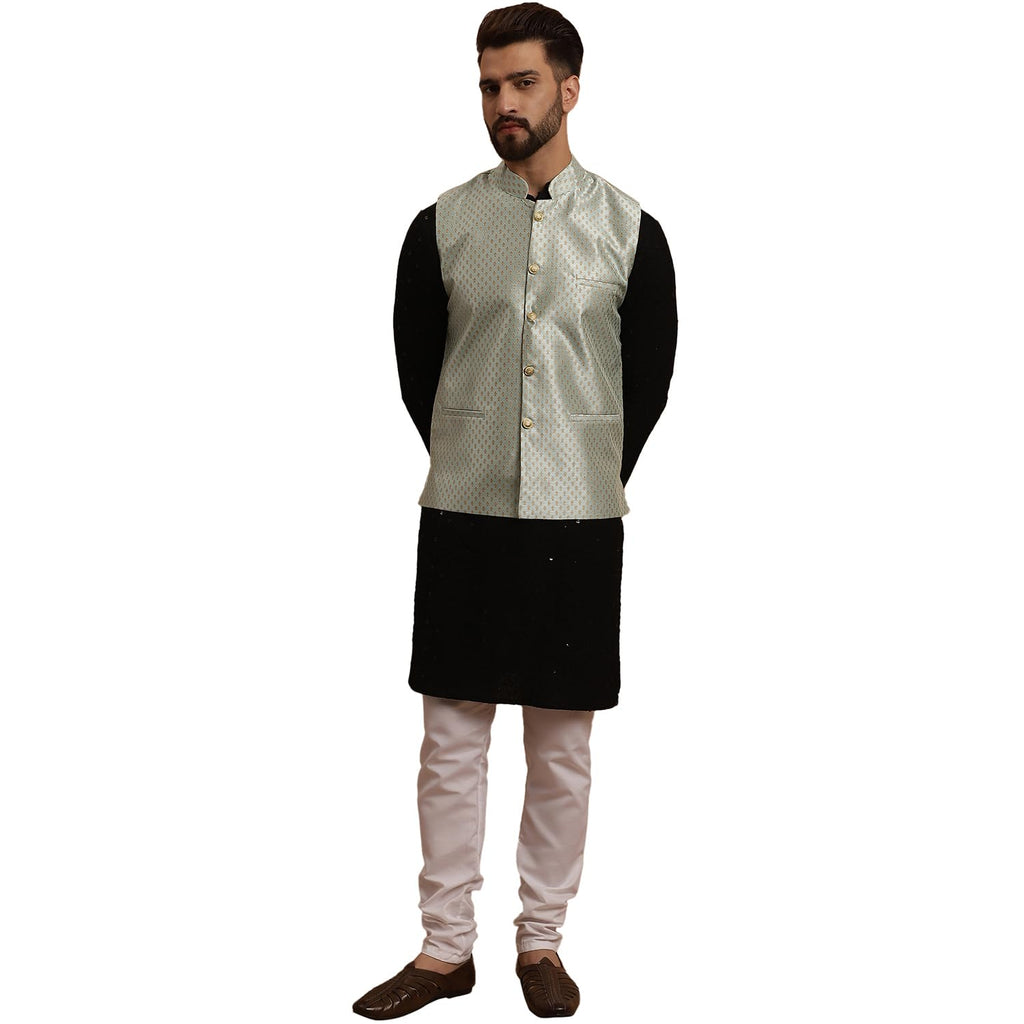 SOJANYA (Since 1958 Mens Cotton Black Kurta and White Pyjama With SeaGreen Silk Nehru Jacket