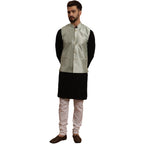 SOJANYA (Since 1958 Mens Cotton Black Kurta and White Pyjama With SeaGreen Silk Nehru Jacket