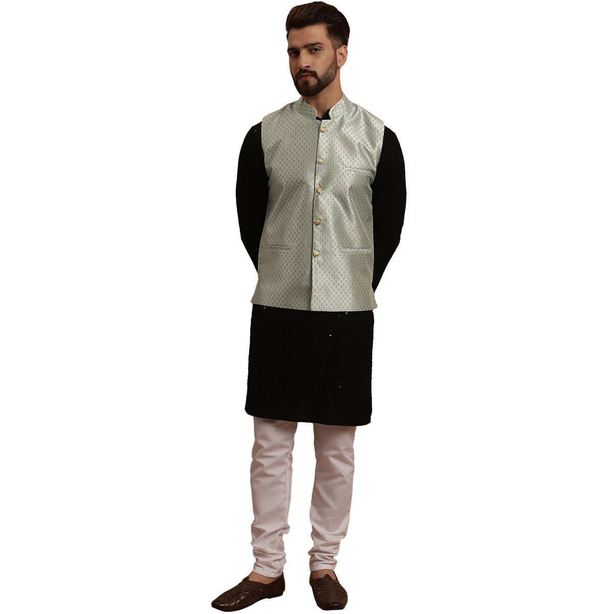 SOJANYA (Since 1958 Mens Cotton Black Kurta and White Pyjama With SeaGreen Silk Nehru Jacket
