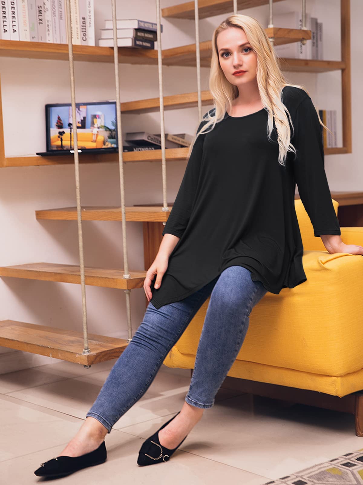 LARACE Plus Size Tops for Women 3/4 Sleeve Shirts Tunic Tops Loose Fit Basic Lady Clothes (1X, Black)