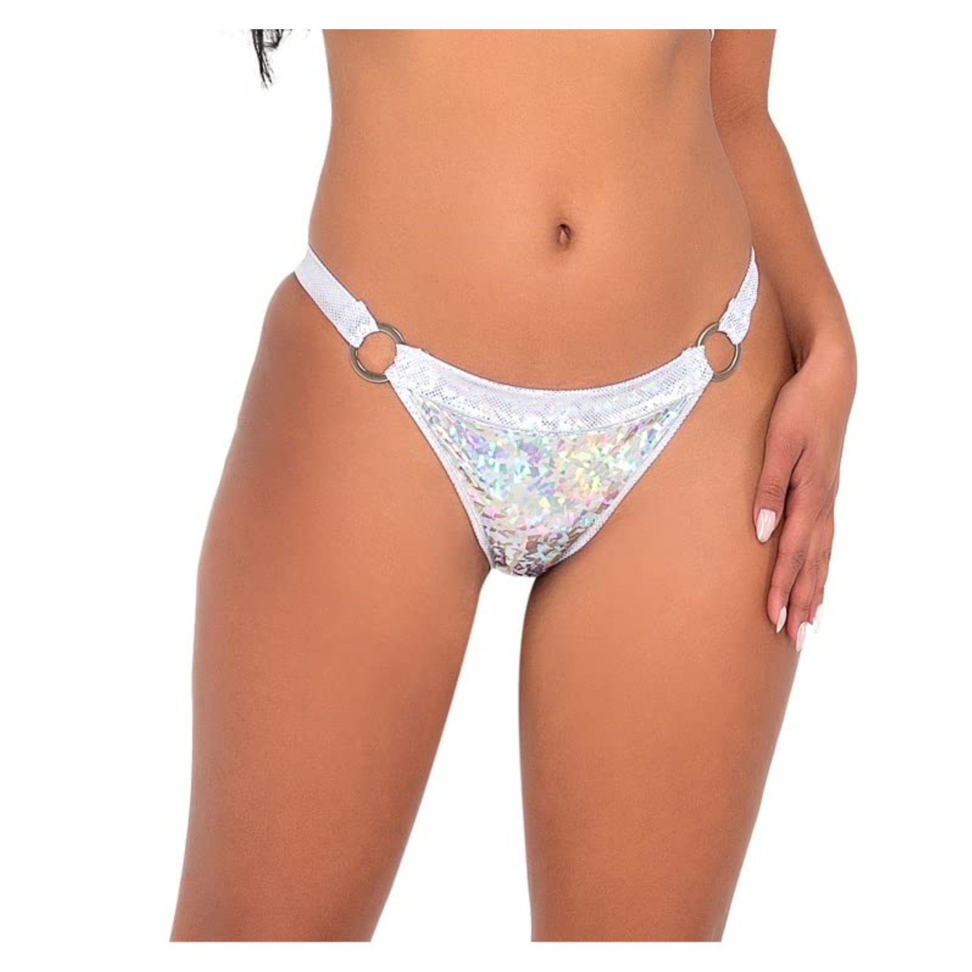 6109 - Iridescent Vinyl Panty with Ring Detail - Small / White/Silver