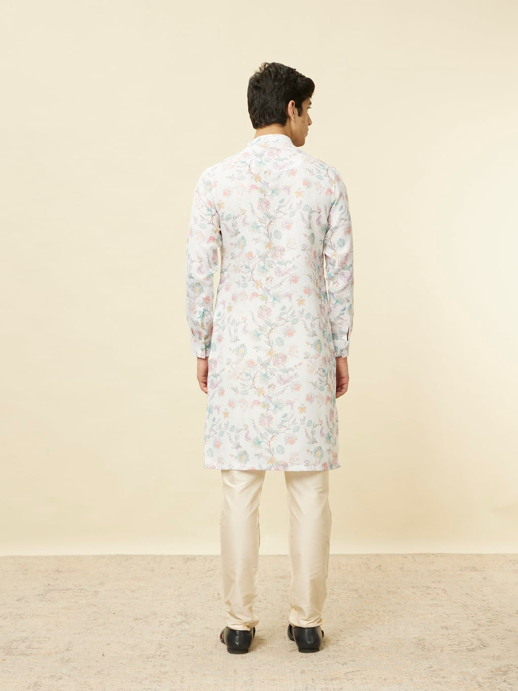 Manyavar Mens Delicate White Bel Buti Printed Kurta