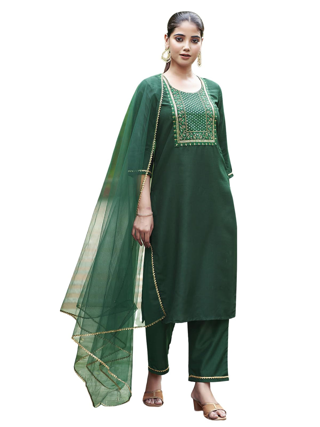 Sanisa Women'S Chinnon Sequence Embroidery Straight Kurta With Pant And Dupatta Set (168Kbd1802N-S_Dark Green)