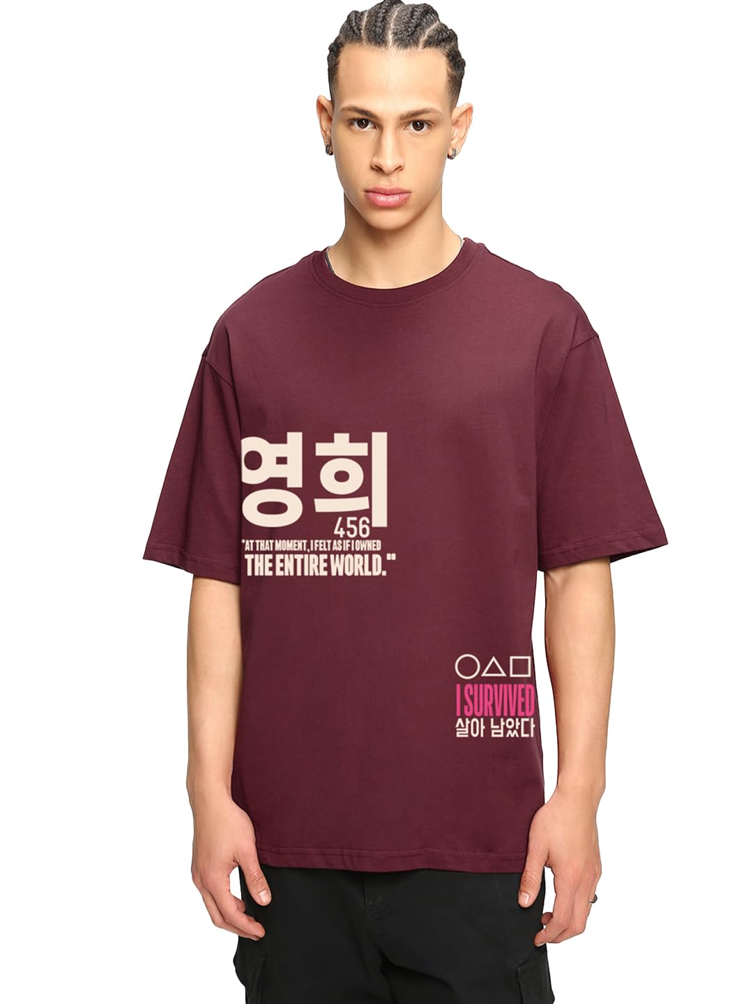 Bewakoof Official Squid Game Merchandise Mens Graphic Printed Oversized Fit Half Sleeve Round Neck 100% Cotton T-Shirt_681914_Ma