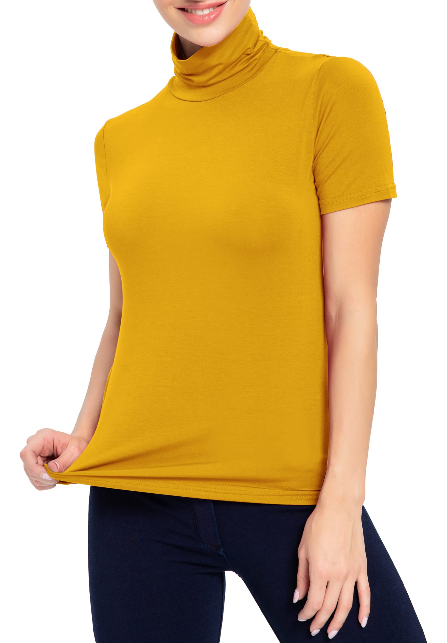 Women's Mock Turtleneck Top Short Sleeve Lightweight Active T-Shirt Mustard Medium