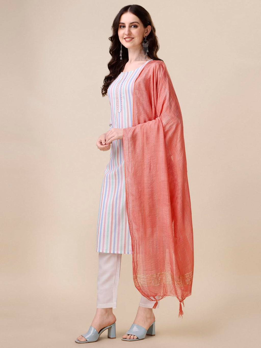 Fashion Basket Women Cotton Striped Printed Kurta Set With Pant & Dupatta (Medium, Multicolor)