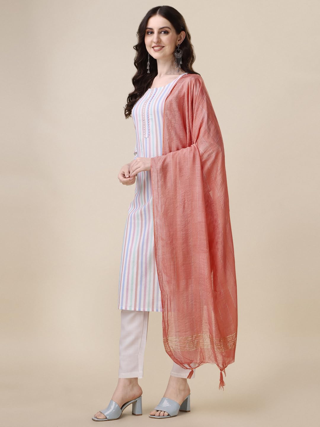 Fashion Basket Women Cotton Striped Printed Kurta Set With Pant & Dupatta (Medium, Multicolor)